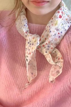 Korean-Style Sheer Silk Scarf for Women, Floral Design, Versatile Small Square Neck Accessory for Spring Summer and Vacation
