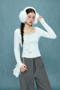 Korean Style Slim-Fit Tie-Up Plush T-Shirt for Women - Short Sleeve, Autumn/Winter 2024 Fashion Top