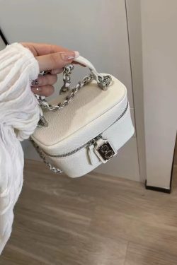Korean-Style Small Crossbody Bag with Chain Handle, Box Design, Lock Closure, Versatile Shoulder Bag, Chic Small Square Purse
