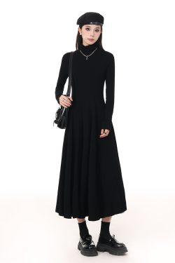 Korean-Style Spring Dress 2025 Solid Color High-Neck Waist-Cinching Slim A-Line Fleece Long Skirt for Layering