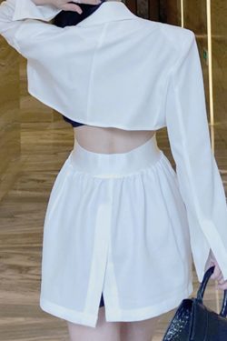 Korean Style Spring Slim Long Blazer Dress with Faux Two-Piece Design and Clever Waist-Exposing Cut for a Chic European Look