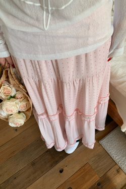 Korean-Style Summer Pink Polka Dot Cake Skirt with Elastic Waist - Sweet Girl Mid-Length Fashion for a 90s Inspired Look
