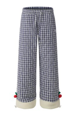 Korean Style Sweet Checkered Thick Cotton Wide-Leg Straight Pants for Women - Warm Plush Design for Winter Comfort
