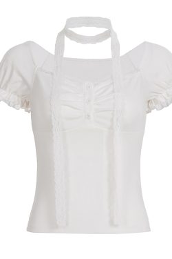 Korean-Style Sweet Ruffled Lace Trim Low Square Neck T-Shirt - Spliced Knitted Short Top for a Chic 90s Look
