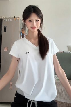 Korean Style V-Neck Short Sleeve T-Shirt for Women - Casual Loose Fit Cotton Tee, Trendy Summer Outfit, Breathable White Top