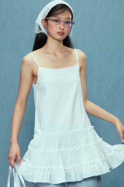 Korean Style White Camisole Dress for Women, Elegant Spring/Summer 2025 Look, Fashionable Casual Outfit