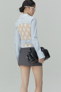 Lace Hollow Blue Shirt for Women - High-End Light Luxury, Age-Reducing Stylish Design, Perfect for Weekend and Casual Wear