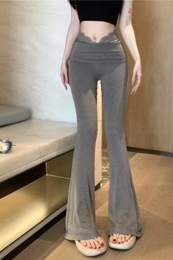 Lace Patchwork High-Waisted Slimming Yoga Flared Pants for Women - Casual Autumn Winter Long Trousers with Draped Effect