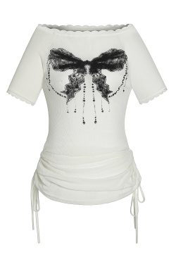 Lace Spliced Bow Graffiti Printed Short-Sleeve Off-the-Shoulder T-Shirt for Women, Slim-Fit Y2K Fashion Top