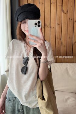 Lace Spliced Short Sleeve T-Shirt - Elegant Hot Girl Style Top for Women - Trendy Y2K Fashion Statement