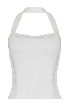Lace Splicing Slim Fit Halter Top - Versatile Ribbed Knit Tank for Y2K Style and Everyday Wear