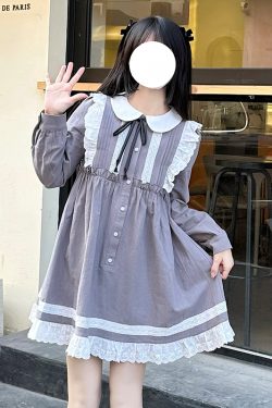 Lace Trim Doll Collar Long Sleeve Dress in Pudding Bear Style for Spring Autumn - Cute College Style Fashion Dress
