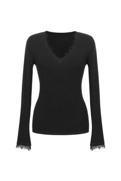 Lace V-Neck Base Layer T-Shirt for Women - Slim Fit Velvet Top in Light Oxygen - Trendy 90s-Inspired Fashion Essential