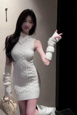 Lapel Sleeveless White Knitted Bodycon Dress with Sleeve Covers - Slim Fit Autumn Winter Fashion, Perfect for 90s and Y2K Styles