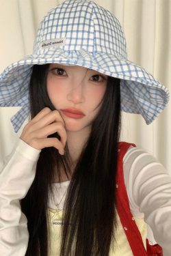 Large Brim Blue Checkered Fisherman's Hat for Women - Summer Sunshade Bucket Hat, Small Face Outdoor Sun Protection