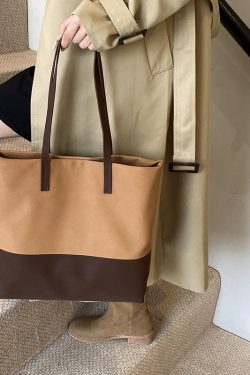 Large Capacity Retro Color-Blocking Suede Tote Bag for Women - Stylish Spring Summer Shoulder Bag for Commuting