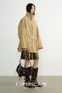 Large Silhouette Structured Stand Collar Long Sleeve Drawstring Workwear Coat with Big Pockets - Casual Street Style Outerwear