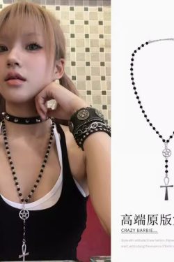 Layered Cross Long Hoodie with Necklace, Y2K Baddie Studded Choker Accessory & Star Pendant Sweater Chain