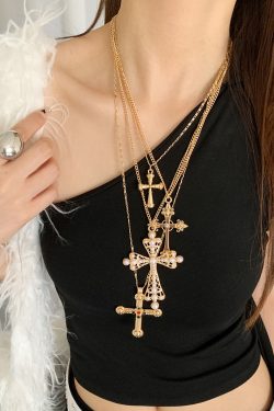 Layered Cross Necklace for Women - Trendy Long Gold Clavicle Chain, Heavy Industrial Baroque Style Sweater Jewelry