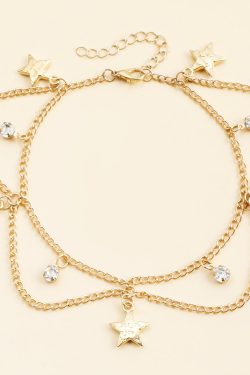 Layered Metal Star Ankle Bracelet with Rhinestone Tassels - European & American Vacation Beach Jewelry for Women