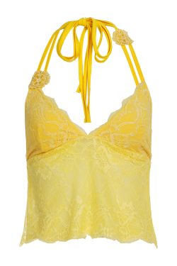 Lemon Flavor Summer Lace Spliced Bustier Halter Backless Loose Short Top - Versatile Y2K Style for Effortless Summer Fashion