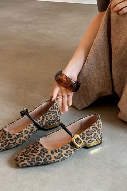 Leopard Print Chunky Heel Mary Jane Shoes - Spring Autumn Shallow Mouth Square Toe Sheepskin Flats for Stylish Comfort