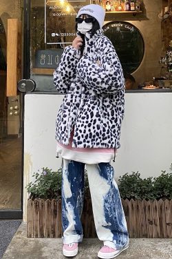 Leopard Print High Neck Jacket for Autumn Winter, Thick Cotton Coat, Loose Fit, Street Hip Hop Style, Trendy Casual Outerwear