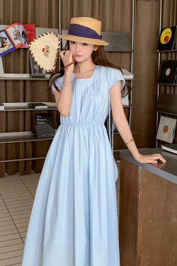 Light Blue Square Collar Waist-Defining A-Line Dress for Women - 2025 Summer French Style Vacation Long Skirt