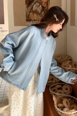 Light Blue Suede Short Coat for Women – 2025 Spring Autumn Petite Jacket, Trendy Fashion Outerwear