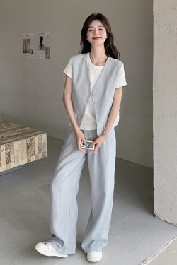 Light Blue Vest and Wide-Leg Pants Three-Piece Casual Suit Set for Women – Youthful High-End OOTD Outfit