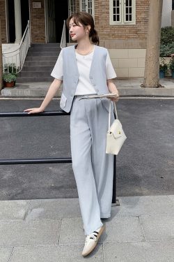 Light Blue Vest and Wide-Leg Pants Two-Piece Casual Set - Youthful High-End Style, Perfect for OOTD, Summer Fashion, Trendy Look