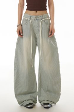 Light Blue Vintage Striped Curved Knife Jeans for Women - Washed Casual Pants with Draped Slim Fit Wide Leg