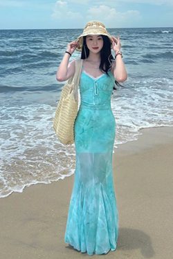 Light Green Vintage Lace-Up Mesh Camisole Dress - Elegant Waist-Cinching, Body-Hugging Design for Summer - Boho Chic Style