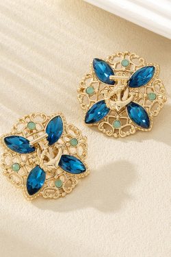 Light Luxury Blue Glass Crystal Stud Earrings - Hollow Anchor Design, High-End Ocean Style, Geometric Floral with Diamond Inlay