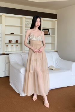 Light Luxury French-Style Heavy Sequined Floral Strap Dress with Waist-Cinching Chiffon Long Skirt - Elegant Evening Wear