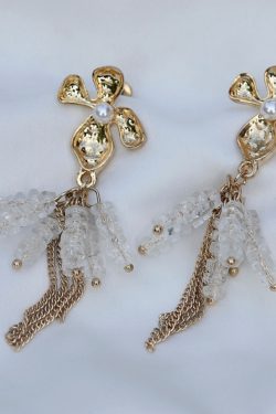 Light Luxury S925 Silver Needle Glass Crystal Tassel Earrings, Elegant Gold Flower Drop Design, Goddess-Inspired Niche Jewelry