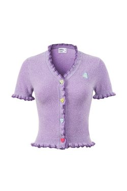 Light Purple Heart Button Trimmed Cardigan - Cute Knitwear, Y2K Style, Cozy Layering Piece for Fashionable Outfits