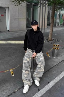 Light Yellow Camouflage Work Pants for Men - Casual Straight-Leg Wide-Leg Style for Spring and Autumn American Streetwear