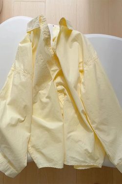 Light Yellow Cotton Long Sleeve Shirt for Women - Loose-Fitting, Versatile, Slimming Top for Spring/Summer 2025 Fashion