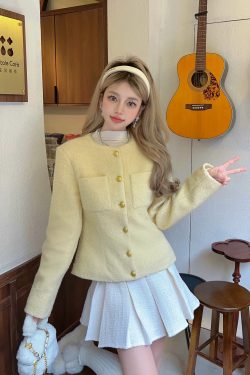 Light Yellow Round Neck Slim Cardigan Top - Elegant Sweet Style for Spring & Autumn, Campus Fashion Essential