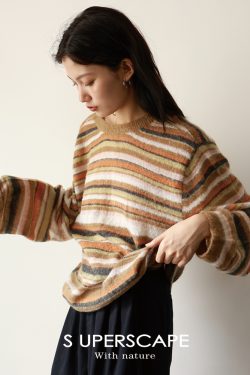 Lightweight Reversible Mohair Cardigan - Loose-Fitting Golden Orange Caramel Striped Knit - Trendy 90s Y2K Style Outerwear