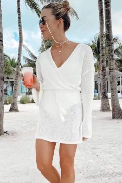 Long Sleeve Knitted Beach Cover-Up Dress with Bell Sleeves - Vacation Swimsuit Pullover, Waist-Cinching Sun Protection