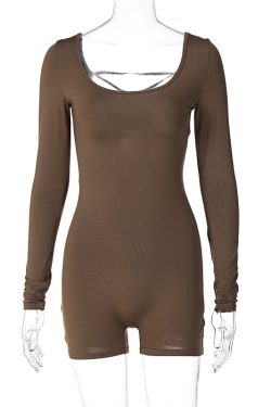 Long Sleeve U-Neck Tie Hollow Back Tight-Fitting Sports Yoga Jumpsuit for Women - Spring Summer Style, European American Fashion