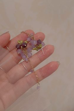 Long Tassel Purple Grape Earrings for Women, Face-Slimming Drop Design, High-End Look, Stylish Hook & Clip-On Options