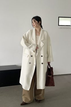 Long Wool Double-Sided Coat for Women, Arc-Shaped Segmented Cocoon Design, Stylish Outerwear for Fall and Winter