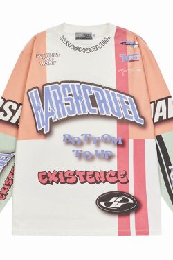 Loose Casual Hip-Hop Graffiti Racing Logo All-Over Print Round Neck Long Sleeve T-Shirt for Urban Street Style