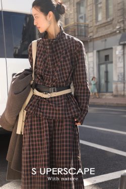 Loose Check Shirt with Twisted Design, Half-High Collar, and Drawstring - Trendy 90s-Inspired Style