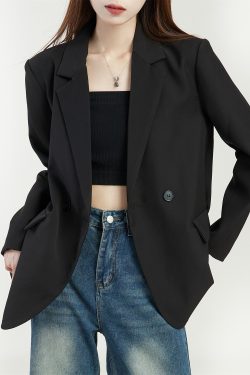 Loose Fit Black Suit Jacket for Women - 2025 Korean Style Petite Streetwear with High-End Feel