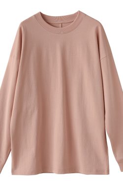 Loose Fit Round Neck Long Sleeve Vintage Pink T-Shirt - Simple All-Cotton Slimming Tee in Versatile French Style, Perfect for 90s Y2K Looks