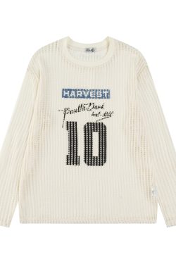 Loose Long Sleeve T-Shirt with American Digital Print, Knitted Mesh Hollow Design, Breathable Vacation Style Cover-Up